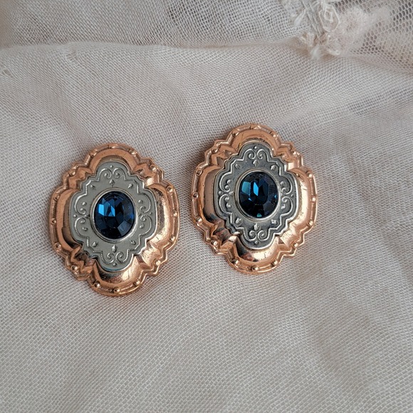 1928 Jewelry - Vintage 1928 Mixed Metal Blue Crystal Clip On Earrings 1980s Victorian Revival
